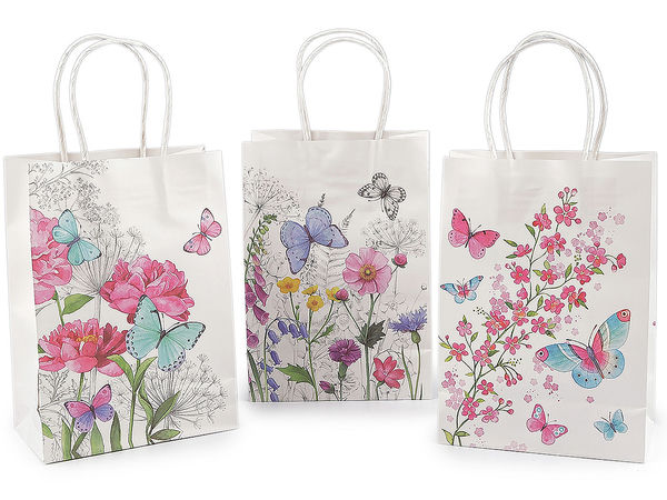 Pungi cadou din hârtie cu flori și fluturi, cu mânere răsucite - Set premium de ambalaje asortate pentru zile de naștere, nunți și magazine boutique