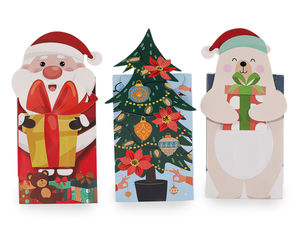 Pungi festive de cadou din hârtie cu Moș Crăciun și motive de Crăciun, cu stickere de închidere și bază lărgită, finisaj mat - Set de 3 bucăți