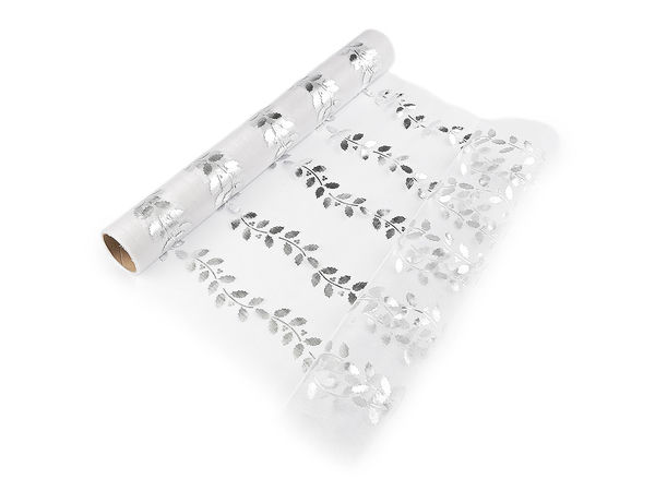 Material textil din organza de Crăciun cu imprimeu metalic cu ilice - traversă decorativă pentru masă de 36 cm și plasă pentru decorațiuni de sărbători