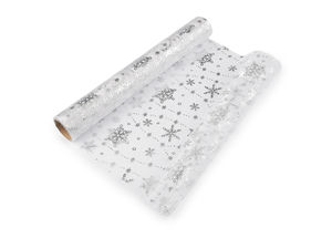 Rolă de organza argintie metalizată cu fulgi de nea pentru Crăciun (lățime 36 cm) - Traversă pentru masă festivă și material pentru decorațiuni creative