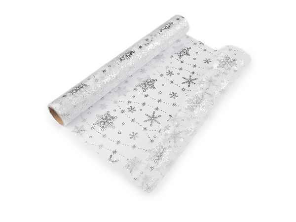 Rolă de organza argintie metalizată cu fulgi de nea pentru Crăciun (lățime 36 cm) - Traversă pentru masă festivă și material pentru decorațiuni creative
