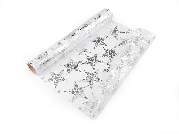 Rolă din organza premium pentru Crăciun cu imprimeu stelar metalizat, lățime 36 cm