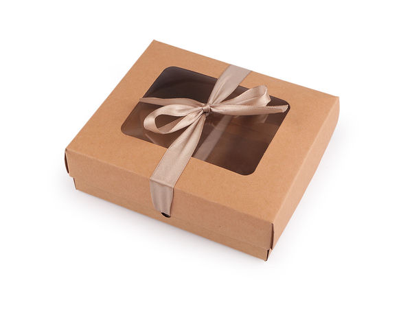 Cutie premium pentru cadouri din carton Kraft cu fereastră transparentă și panglică din satin - Maro natur