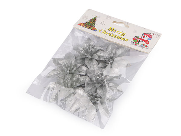 Decor floral Steaua Crăciunului (Poinsettia) argintiu metalizat cu sârmă, set de 6