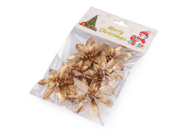 Decor floral Steaua Crăciunului (Poinsettia) argintiu metalizat cu sârmă, set de 6