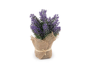 Plantă artificială de lavandă violet în înveliș rustic din pânză de iută | Floare artificială decorativă la ghiveci în stil mediteranean