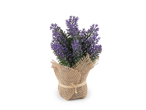 Plantă artificială de lavandă violet în înveliș rustic din pânză de iută | Floare artificială decorativă la ghiveci în stil mediteranean