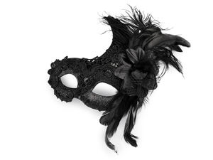 Mască venețiană de carnaval din dantelă și pene, cu floare decorativă și sclipici