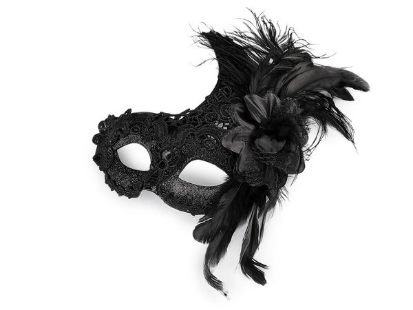 Mască venețiană de carnaval din dantelă și pene, cu floare decorativă și sclipici