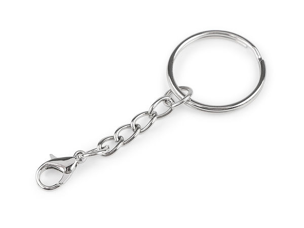 Inel de chei premium nichelat de 25 mm, cu lanț prelungitor și carabină