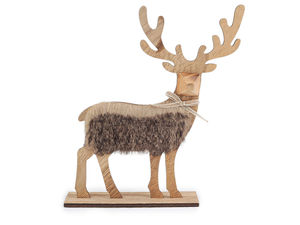 Figurină de cerb din lemn în stil scandinav cu detalii din blană ecologică - Decorațiune de masă primitoare inspirată din natură (30 cm)
