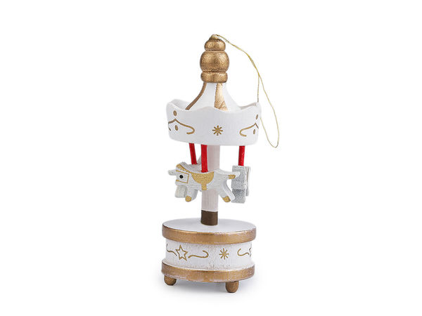 Ornamente suspendabile miniatură carusel de Crăciun din lemn - Globuri vintage de sărbători, set de 6 piese