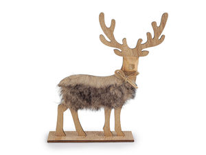 Figurină premium din lemn în stil scandinav cu detalii din blană ecologică - Cerb decorativ rustic pentru masă, 21,5 cm