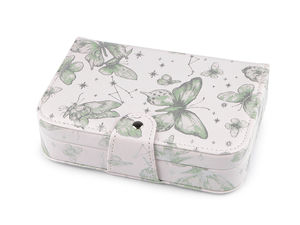 Casetă premium din piele ecologică pentru organizarea bijuteriilor, cu motiv fluture, oglindă integrată și cataramă de siguranță (14 x 20 x 5 cm)