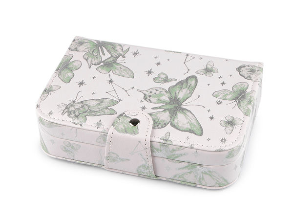 Casetă premium din piele ecologică pentru organizarea bijuteriilor, cu motiv fluture, oglindă integrată și cataramă de siguranță (14 x 20 x 5 cm)