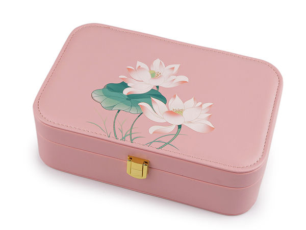 Casetă organizatoare de bijuterii din piele ecologică cu imprimeu nuferi, oglindă și compartimente, 14.5 x 22 x 7 cm