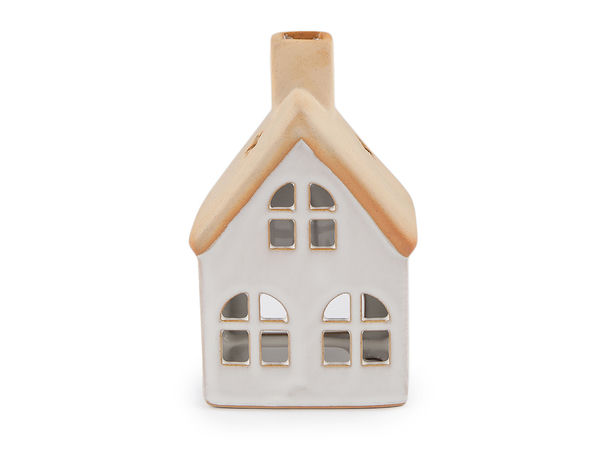 Suport pentru lumânare din ceramică în formă de căsuță, realizat manual - Felinar decorativ pentru lumânare tip pastilă, ideal pentru un decor cald și primitor