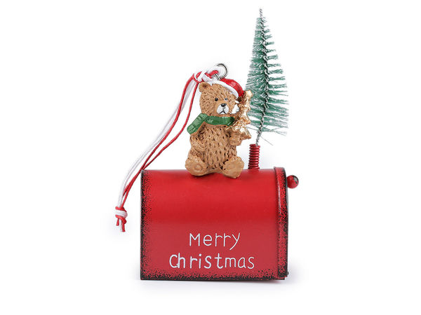 Ornament suspendat din metal pentru Crăciun tip cutie poștală - Casetă festivă roșie pentru amintiri și dorințe, cu ursuleț de pluș