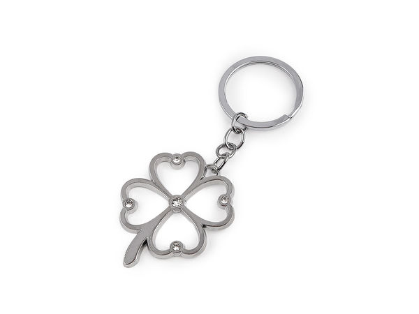 Breloc premium cu pandantiv platinat - Inimă și trifoi cu patru foi, accesoriu pentru geantă și chei