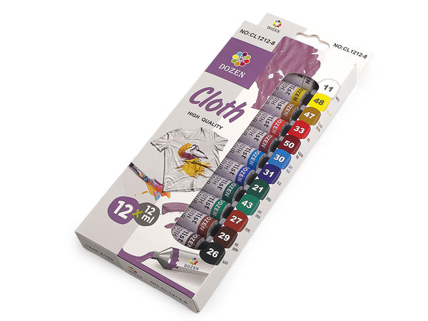 Set premium de culori pentru textile - 12 culori vibrante (tuburi de 12 ml), vopsea textilă netoxică pentru haine, încălțăminte și decorațiuni pentru casă