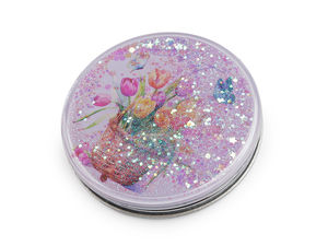 Oglindă cosmetică dublă compactă, cu sclipici lichid plutitor și imprimeu floral