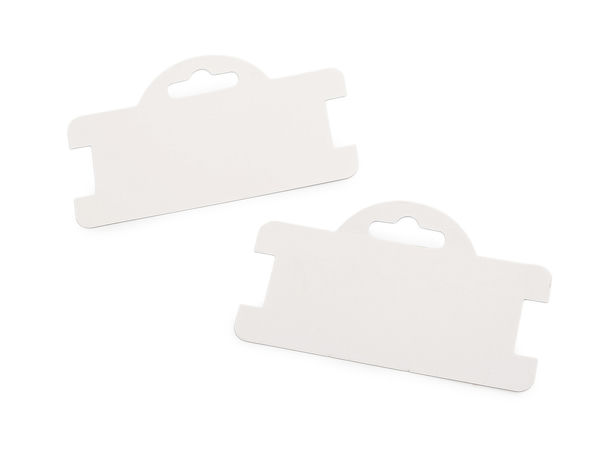 Cartonașe premium din carton alb pentru expunerea bijuteriilor, cu agățătoare și decupaje (9.5 x 5.5 cm)