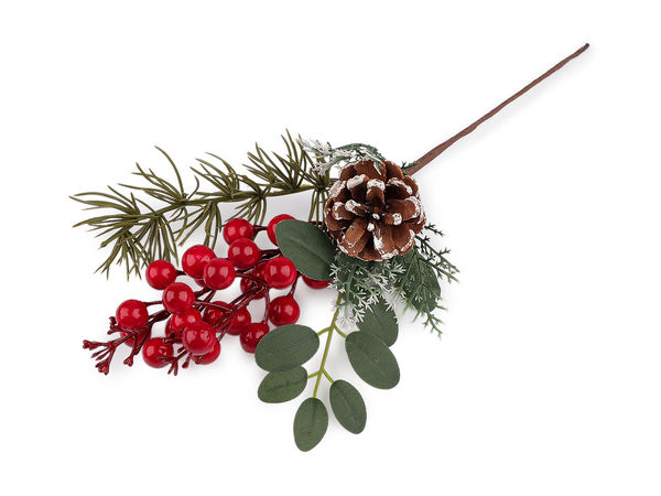 Crenguță artificială de conifer pentru Crăciun cu con natural de pin și bobițe – Tijă flexibilă cu sârmă pentru coronițe și decorațiuni de iarnă