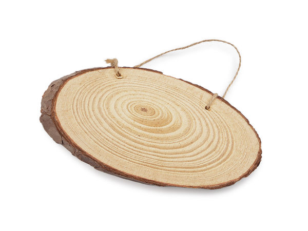 Plăcuță rustică din lemn, formă ovală cu scoarță naturală și șnur din iută - bază pentru activități creative, pictură, decupaj și personalizare