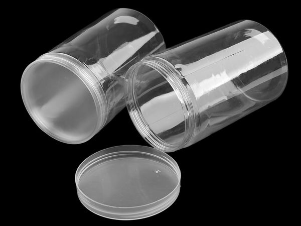 Tub de depozitare din plastic transparent cu capac cu filet (diametru 8,5 cm) – Organizator transparent pentru galanterie și lucru manual
