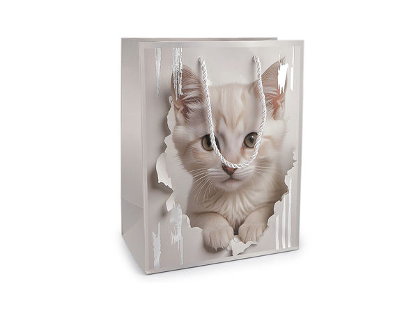 Pungă elegantă de cadou cu imprimeu pisică și accente metalice (18 x 23 cm) - Pungă premium din hârtie mată, cu mânere din șnur răsucit