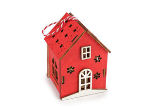 Decorațiune suspendabilă căsuță din lemn cu lumină LED – Ornament rustic roșu