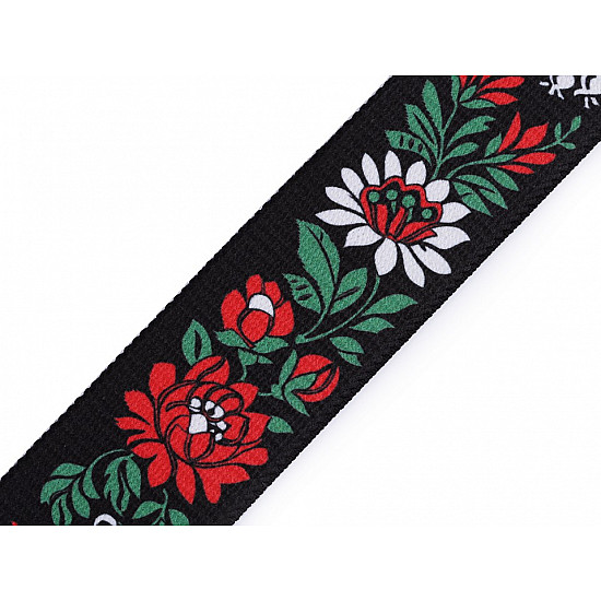 Elastic lat cu motiv traditional floral la metru, lățime 40 mm - negru