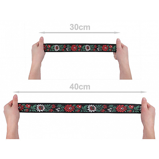 Elastic lat cu motiv traditional floral la metru, lățime 40 mm - negru