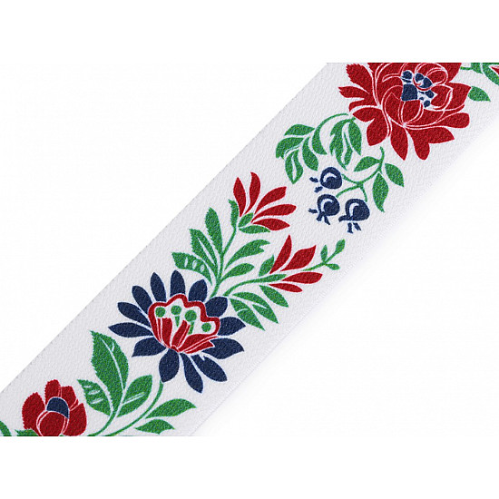 Elastic lat cu motiv traditional floral la metru, lățime 40 mm - alb