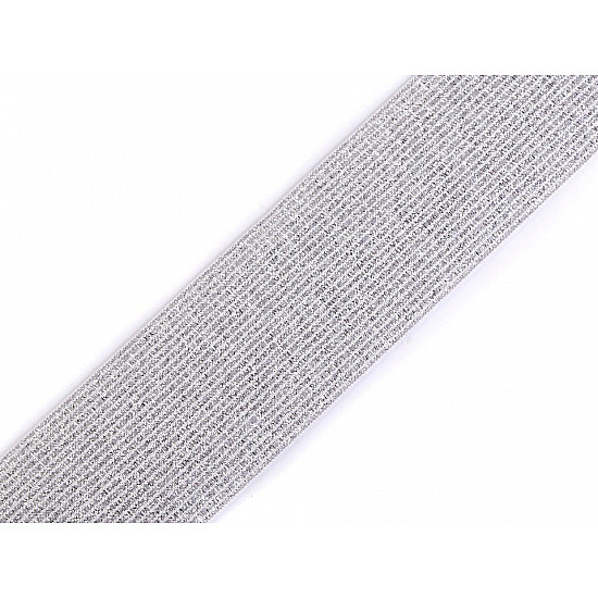 Elastic cu lurex la metru, lățime 40 mm - alb - argintiu