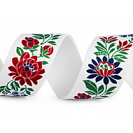 Elastic lat cu motiv traditional floral la metru, lățime 40 mm - alb