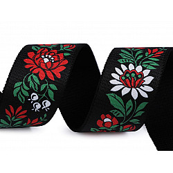 Elastic lat cu motiv traditional floral la metru, lățime 40 mm - negru