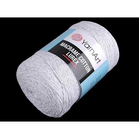 Fir de tricotat / croșetat Macrame Cotton cu lurex, 250 g - alb - argintiu