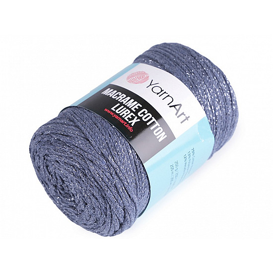 Fir de tricotat / croșetat Macrame Cotton cu lurex, 250 g - albastru denim - argintiu